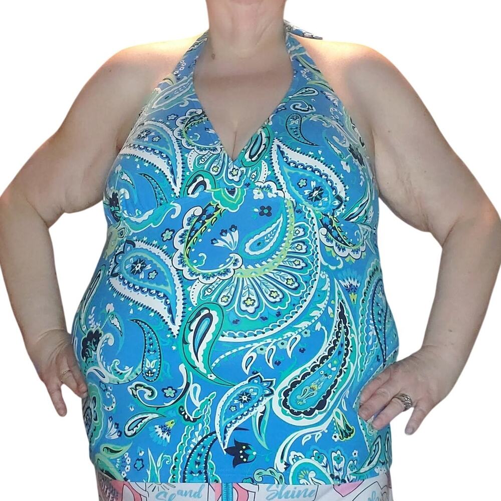 Lands End Tankini Top 16T Tall Blue Paisley Halter Swim Support Boho Coastal
